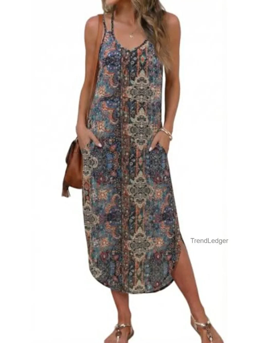 Spaghetti Strap V Neck Beach Cover Up Dress with Pockets